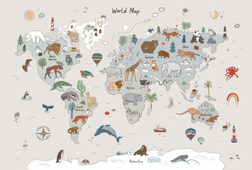 Animals world map vector illustration.