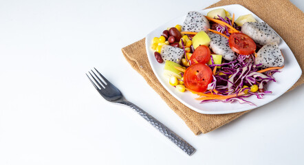 
 cooking vegetable salad ,vegetable salad top view mix fruit and  on white dish, Green vegan salad from green, 
Healthy clean eating layout vegetarian food, Fresh salad for breakfast