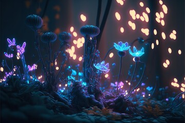 Obraz premium Fairy forest at night, fantasy glowing flowers and lights. Generative AI.