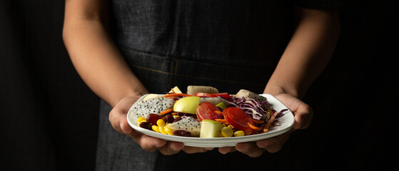 
 cooking vegetable salad ,vegetable salad top view mix fruit and  on white dish, Green vegan salad from green, 
Healthy clean eating layout vegetarian food, Fresh salad for breakfast