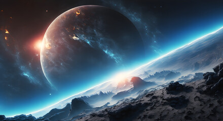 Distant Planet System in Space, panorama of a Galaxy, Universe Fantasy Background, Illustration generative AI
