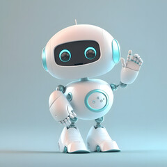 Naklejka premium Friendly AI Chatbot Robot character waving, simple 3D blue background, Illustration generative ai 