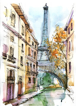 Eiffel tower. Paris street. Picture created with watercolors. Artwork. Watercolor illustration. View of the city. Beautiful background with Paris