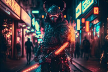 Fototapeta na wymiar Samurai at night city street with neon lights. Generative ai
