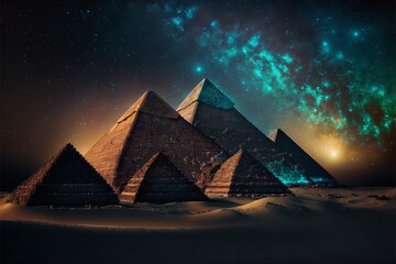 Fototapeta na wymiar Pyramids at night, Cairo, Egypt. Fantasy Egyptian landscape, Generative AI.