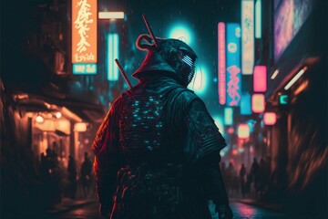 Plakat Samurai at night city street with neon lights. Generative ai