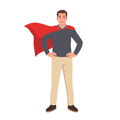 Young superhero standing with cape waving in the wind. Successful happy hero businessman. Concept of success, leadership and victory in business. Flat vector illustration isolated on white background