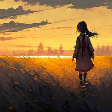 Fantasy Art of A girl walks across the field at sunset. Generative AI.