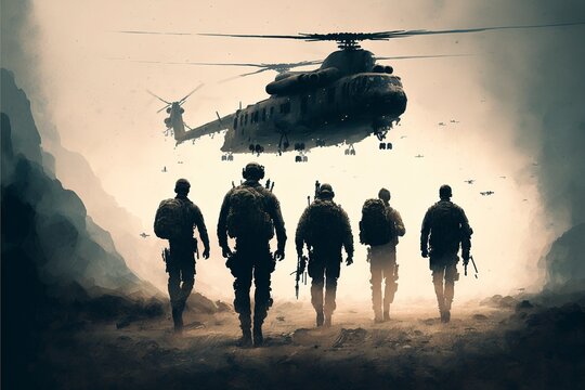 Cinematic Military Squad Advancing in Desert with Silhouette Helicopter Aesthetic