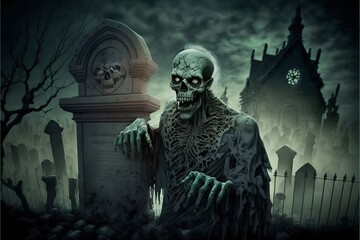 Zombie horror on graveyard among the graves at the night. Generative Ai