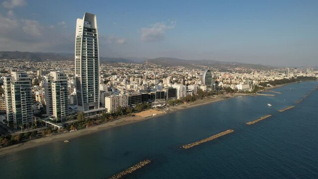 Limassol, Cyprus, January 24 2023: Drone footage of cityscape and coastline of Limassol city. Cyprus Europe.