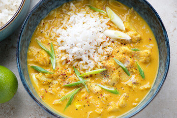 Bowl of fish yellow curry with white rice, middle close-up, horizontal shot
