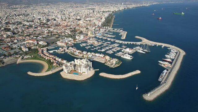 Drone aerial footage of Limassol town marina and coastal area. Cyprus Europe