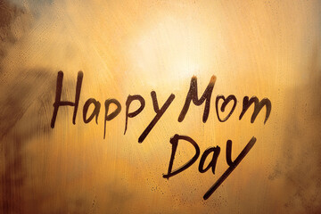 Text Happy Mom Day and heart shape written finger won orange sunset wet window