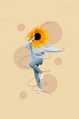 Rolgordijnen Collage photo of young headless girl wear stylish oversize shirt denim jeans dancing flower face sunflower isolated on beige color background © deagreez