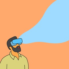 Flat illustration of man watching in virtual reality player, metaverse concept poster