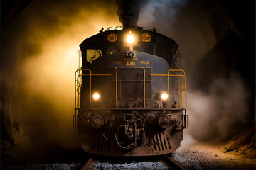 Diesel locomotive in a coal mine underground. Mineral resources for transportation.