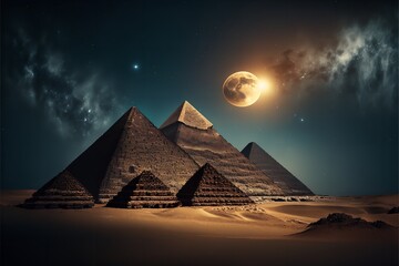 Pyramids at night, Cairo, Egypt. Fantasy Egyptian landscape, Generative AI. - obrazy, fototapety, plakaty