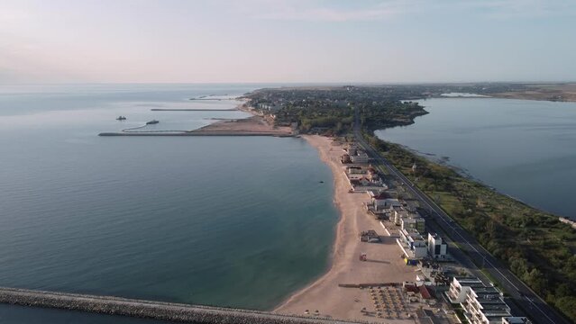 Aerial footage of Romanian travel destination at the Black Sea shore, town Eforie