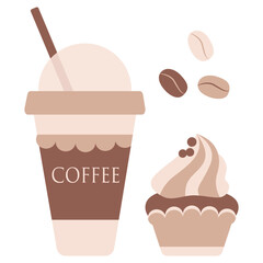 Vector illustration disposable coffee cup icon and chocolate cupcake icon on white 
