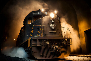 Fototapeta na wymiar Diesel locomotive in a coal mine underground. Mineral resources for transportation.