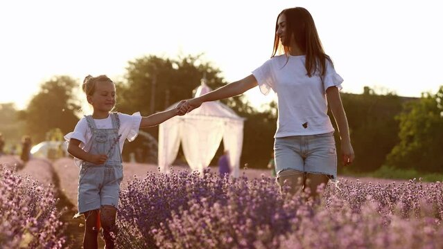Mothers day. young mom with little child daughter holding hands and walking in a blooming lavender field. Family of two having fun and playing in meadow field on summer holiday.