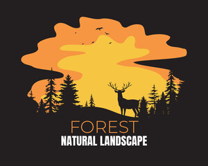 Fototapeta Nature landscape flat cartoon silhouette of pine forest and deer on sun background obraz
