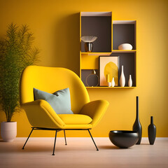 Cozy modern living room interior with Yellow armchair and decoration room on a Yellow or white wall background
