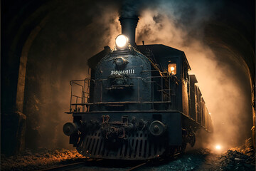 Naklejka na ściany i meble Steam locomotive in a coal mine underground. Mineral resources for transportation.