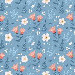 Seamless floral pattern with pink flowers and leaves on a blue background. Hand drawn style.Colored flat vector illustration. Repeating texture design.
