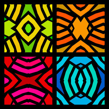 Colored African fabrics - 4 basic patterns, high definition illustration, black background 