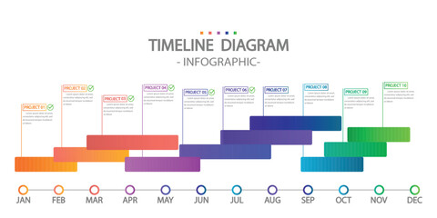 Infographic template for business. 12 Months Modern Timeline diagram calendar with Gantt chart, presentation vector infographic.