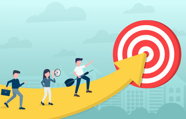 Businessman running to the arrow pointing up. It indicates an upward growth or trend. Businessman looks determined and focused, chasing goals or targets. Vector illustration Eps 10.