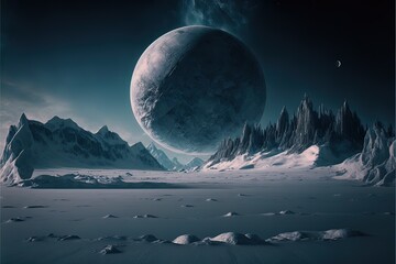 Desert landscape of cold planet, mountain landscape, snow. Fantasy cold landscape. AI