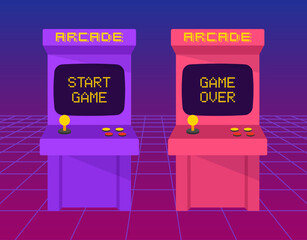 Retro arcade game machine. Retro style. 80's console pixel games. Neon vintage. Classic 8-bit game. Vector illustration.