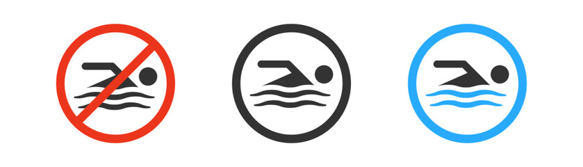Forbidden swimming icon in circle. Warning symbol. Hazard, seaside sign. No swimming concept. Outline, flat, and colored style. Flat design. Vector illustration.