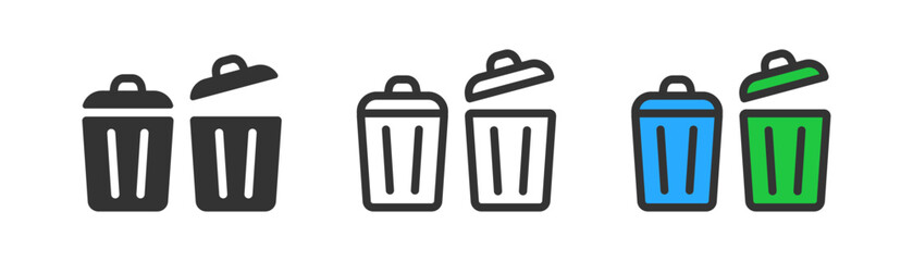 Trash can icon. Bin symbol. Delete sign. UI. Ecology, waste recycling concept. Outline, flat, and colored style. Flat design. Vector illustration.