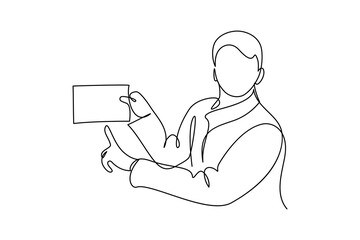 Man pointing at blank paper sheet. Continuous line art drawing style. Person holding document at one hand and pointing on it with another. Black linear sketch isolated on white background