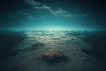Ocean depth. Underwater empty landscape, ocean bottom, sea wave. AI