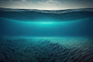 Ocean depth. Underwater empty landscape, ocean bottom, sea wave. AI