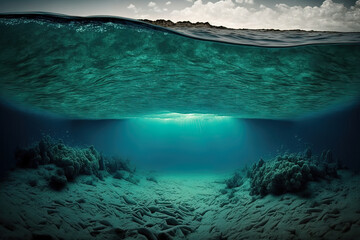 Fototapeta na wymiar Ocean depth. Underwater empty landscape, ocean bottom, sea wave. AI