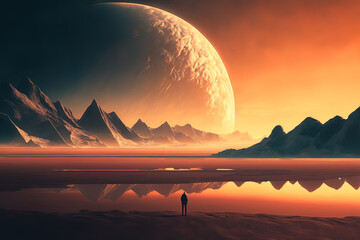 Fototapeta premium Planet over the desert, sunset, red planet. AI