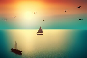 Naklejka premium A boat silhouette is floating on a calm sea and seagulls are flying on twilight sky with sunset sun background - generative ai
