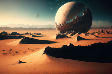 Planet over the desert, sunset, red planet. AI