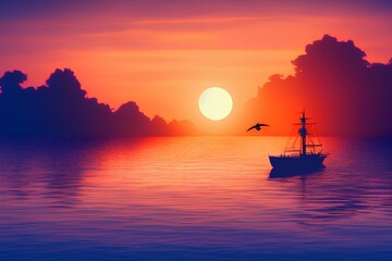 Naklejka na ściany i meble A boat silhouette is floating on a calm sea and seagulls are flying on twilight sky with sunset sun background - generative ai