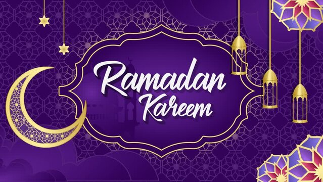 Ramadan Kareem greeting motion design animation. Beautiful Ramadan design concept with hanging ramadan candle lantern, mosque and half moon.