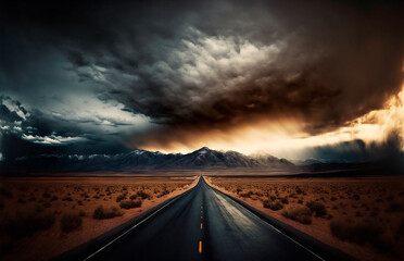 Lonely road heading out to horizon, moody storm clouds over mountains. Generative AI