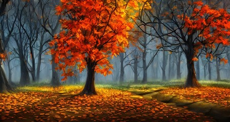 Naklejka na ściany i meble Forest Background with Autumn Leaves _18