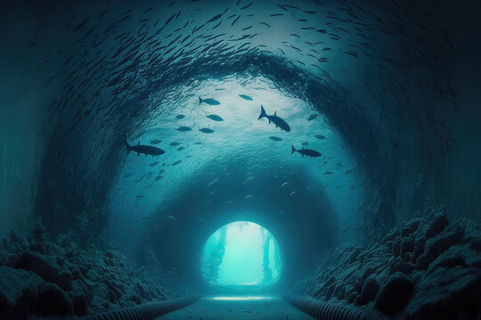 Seascape, Underwater Tunnel, Sea Wave, Glass Underwater Passage, Corridor. AI