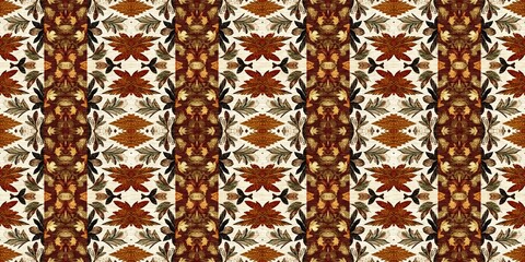 Fototapeta Autumn leaf quilt style vintage seamless banner. Homely cottage core patchwork boho design for 70s ribbon. Natural design of foliage for washi tape.  obraz